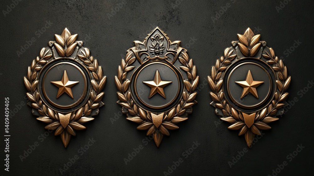 Fototapeta premium Hyperrealistic achievement badges with authentic metal texturing, dimensional relief work showing every detail, intricately woven laurel crown with botanical precision, crystalline star elements with