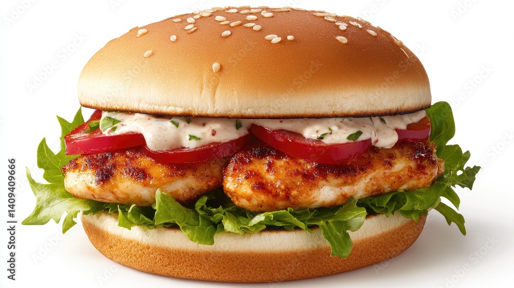 Delicious grilled chicken sandwich with fresh vegetables and sauce Delicious grilled chicken sandwich with fresh vegetables and sauce