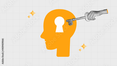 halftone collage, Unlocking knowledge and idea, hand inserting key into human head silhouette, ideas, innovation, mental growth, learning, and cognitive development