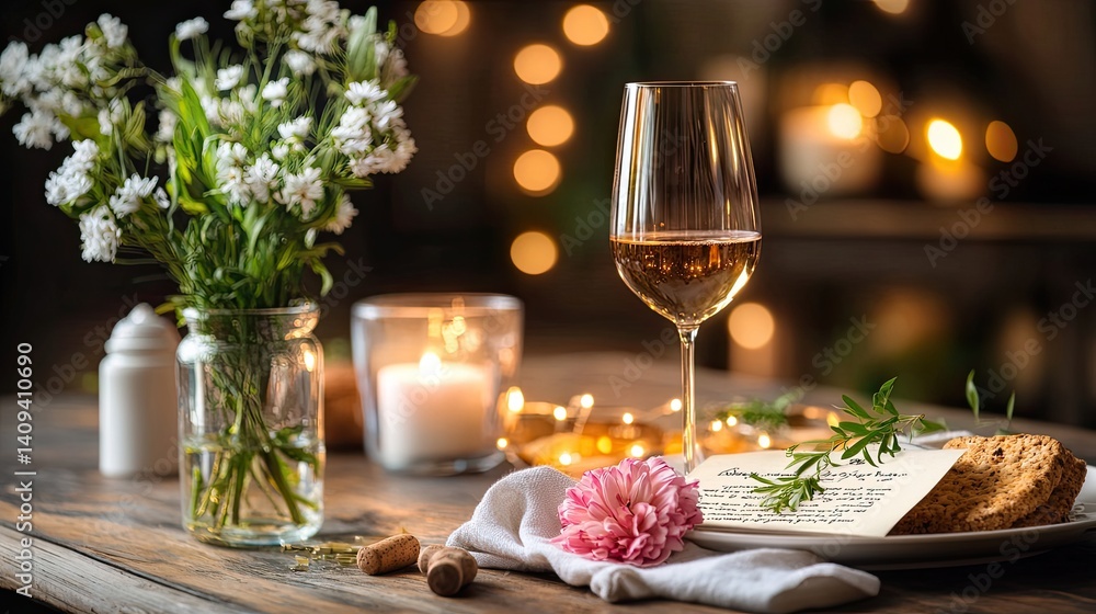 Elegant Table Setting with Wine, Flowers and Soft Candlelight Elegant Table Setting with Wine, Flowers and Soft Candlelight
