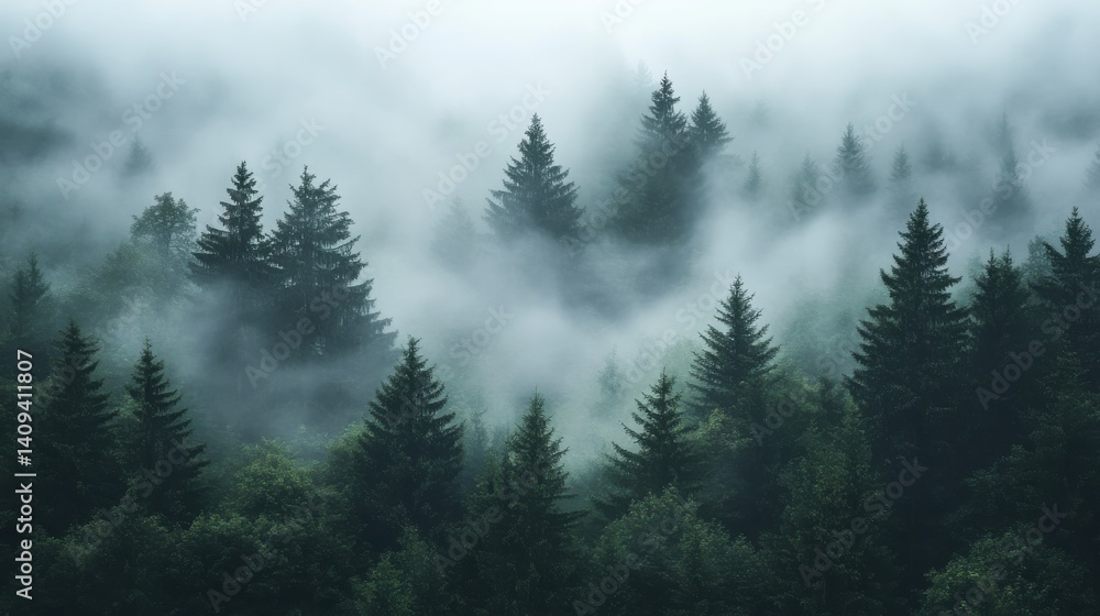 Mysterious mist drifting through evergreen trees in a tranquil forest at dawn Mysterious mist drifting through evergreen trees in a tranquil forest at dawn
