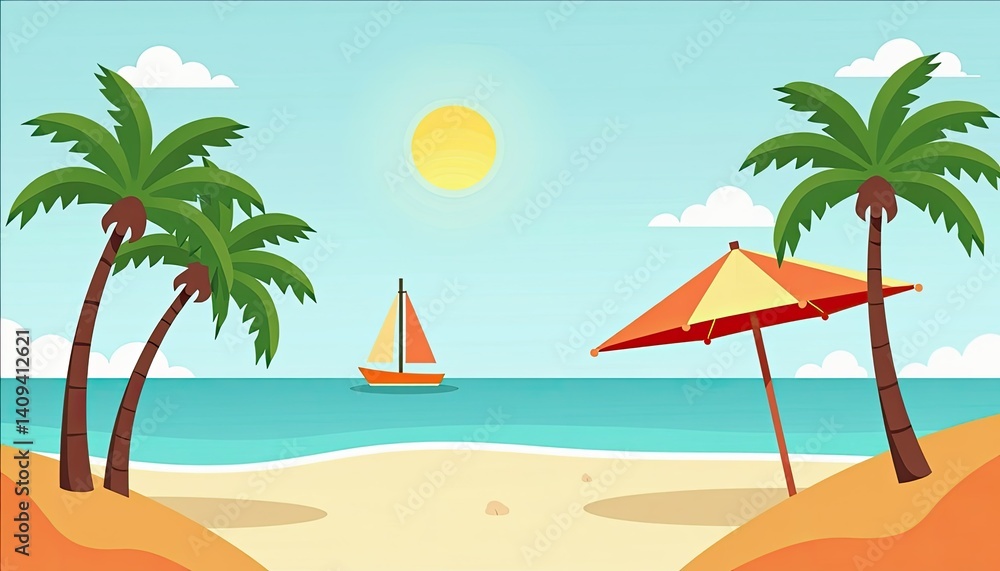 Obraz premium Sunny Beach Vacation Palms Sailboat and Umbrella