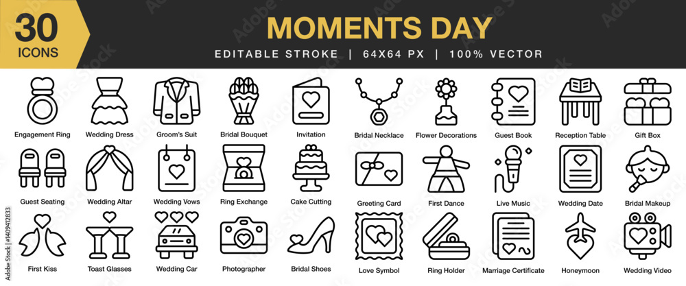 Naklejka premium Moments Day icon set. Editable Stroke Icon Collection. Includes happy, people, love, family, moment, parent, and More. Outline icons vector collection.