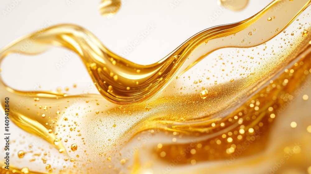 Fototapeta premium Abstract composition of gold gel drops merging together, capturing movement like flowing mercury, glossy surface with both matte and reflective areas, intricate marbling effect where gel meets white