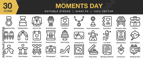 Moments Day icon set. Editable Stroke Icon Collection. Includes happy, people, love, family, moment, parent, and More. Outline icons vector collection.