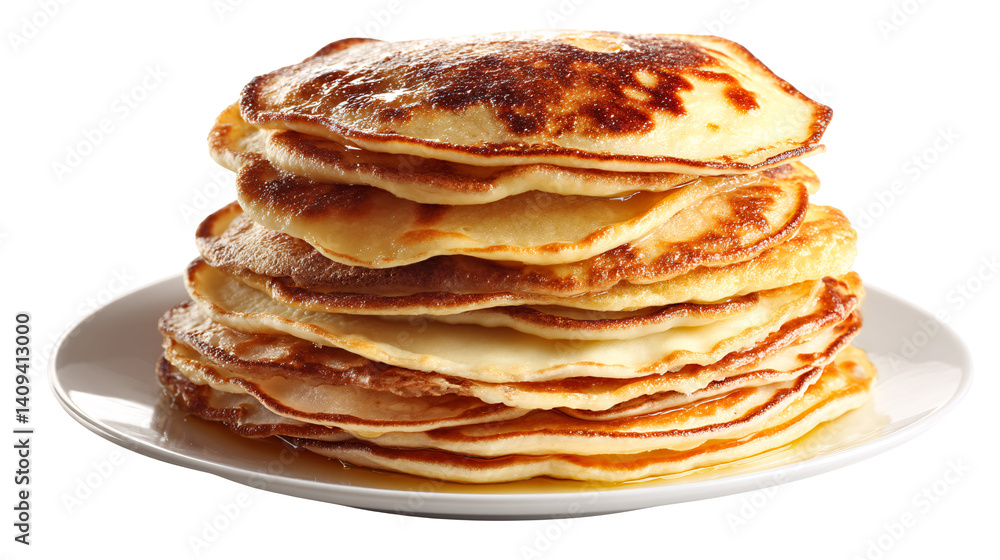 A stack of pancakes on a white plate with syrup dripping A stack of pancakes on a white plate with syrup dripping