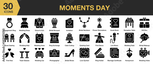 Moments Day solid icon set. Includes together, fun, day, young, female, home, cheerful, and More. Solid icons vector collection.