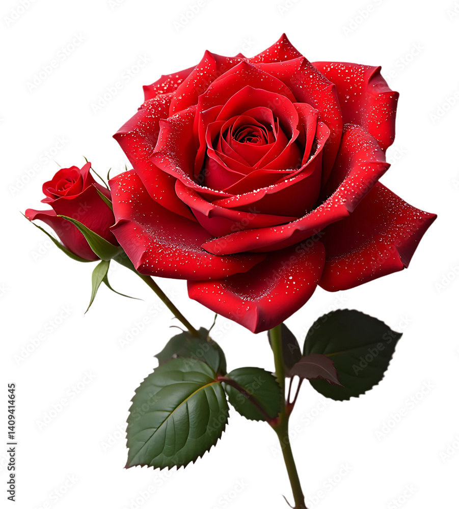 Fototapeta premium A single red rose, a beautiful floral object isolated on white, evokes love and romance.