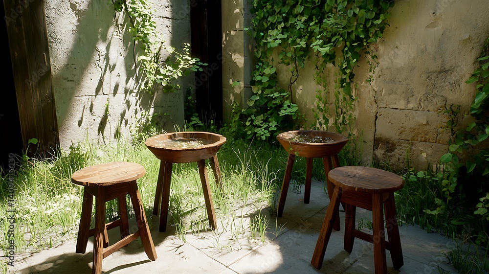 Obraz premium Rustic wooden stools in overgrown garden natural light photography serene atmosphere