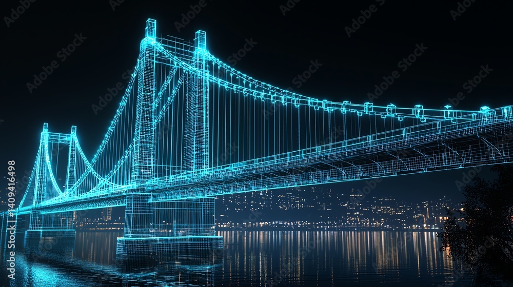 Fototapeta premium Futuristic illuminated bridge at night.