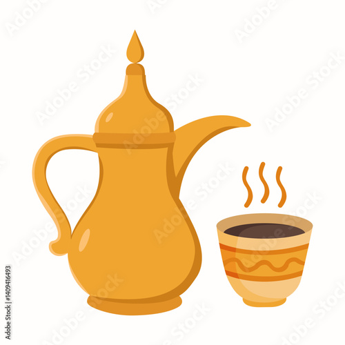 Metal pot with a long spout. Traditional Arabic coffee mug