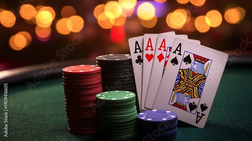Stack of poker chips with playing cards.