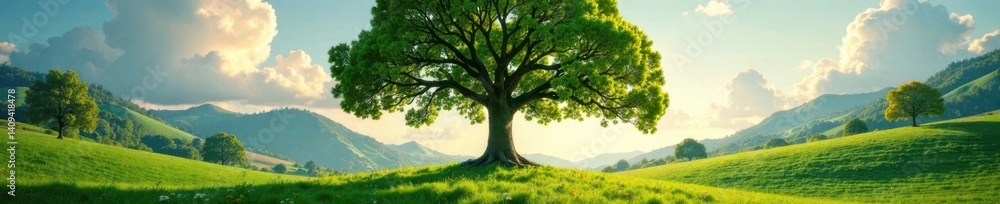 Obraz premium Nature background with a large tree in the center, sun, flowers