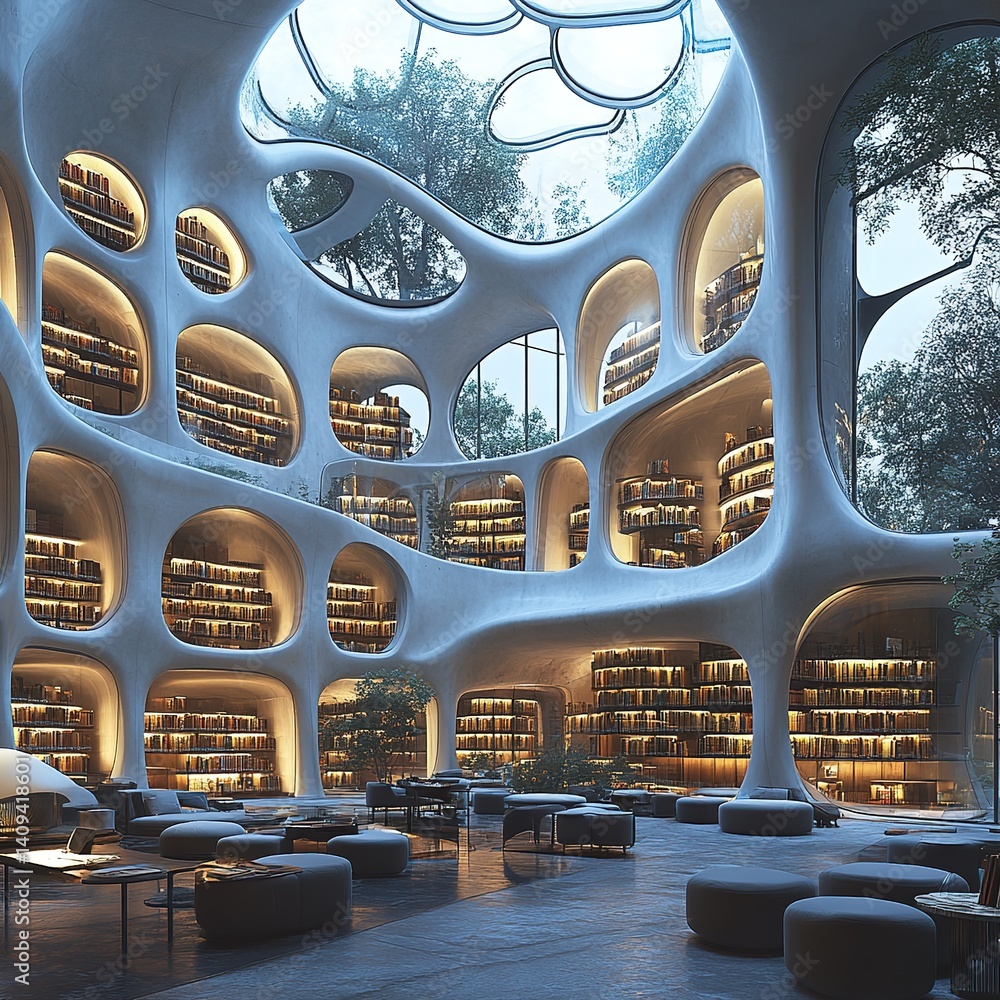 Fototapeta premium Futuristic library interior with organic shapes and natural light.