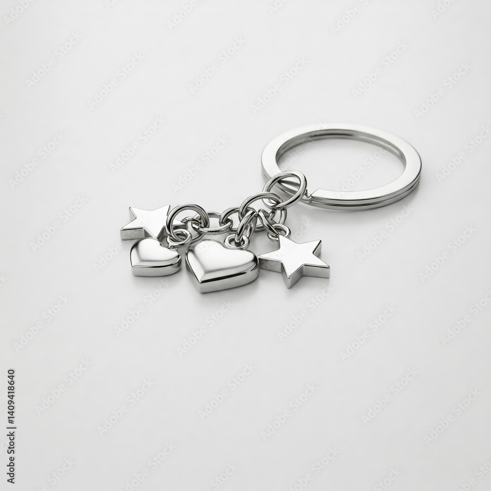 Minimalist silver keychain with 3D heart and star charms on a pure white background. Ideal for banners and e-commerce, with elegant metallic textures and space for text. Minimalist silver keychain with 3D heart and star charms on a pure white background. Ideal for banners and e-commerce, with elegant metallic textures and space for text.