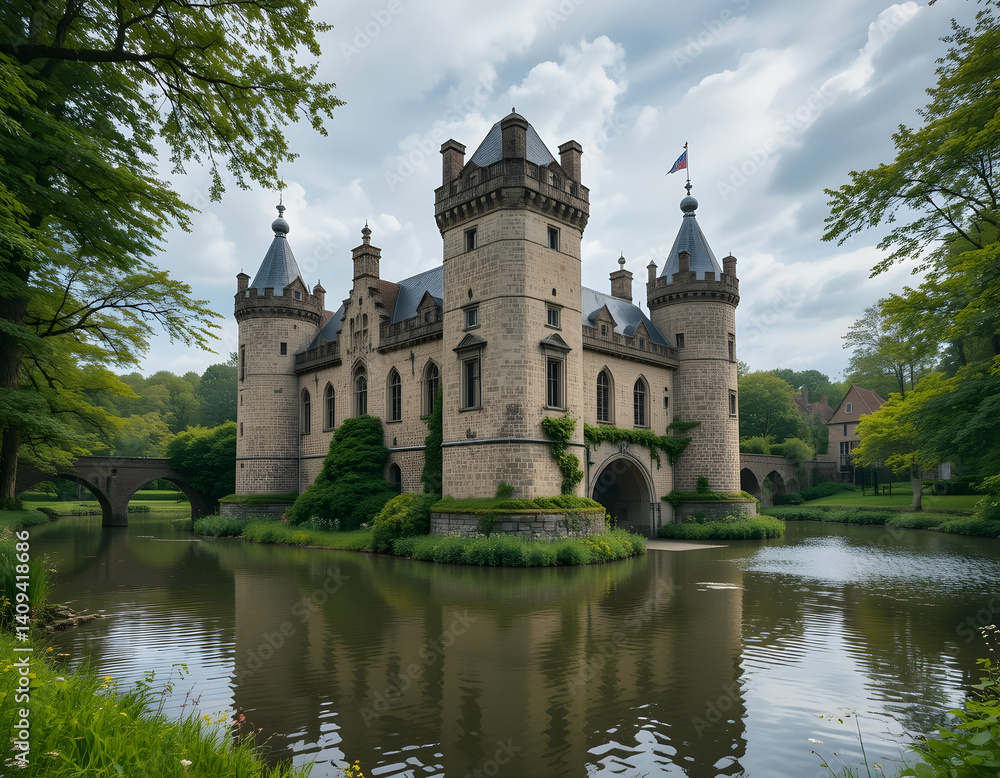 Castle Surrounded by Water Reflections and Greenery on Overcast Day Castle Surrounded by Water Reflections and Greenery on Overcast Day