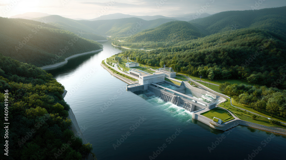 Aerial view of river based hydropower station surrounded by lush green hills and flowing water, showcasing sustainable energy