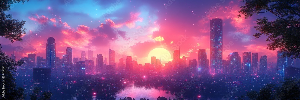 Obraz premium City skyline silhouette at sunset with colorful sky and trees in foreground.