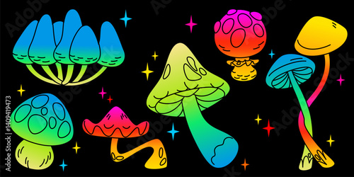 Psychedelic mushroom sticker pack. Colorful cartoon fungus set with trippy caps glowing neon, rainbow gradient stems. Bright hallucinogenic toadstool. Vibrant decorative fungi in retro hippie style.