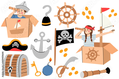 Kids pretend to be pirates with toys.  Children dressed as pirates in cardboard ships surrounded by pirate-themed toys like swords, maps and treasure.