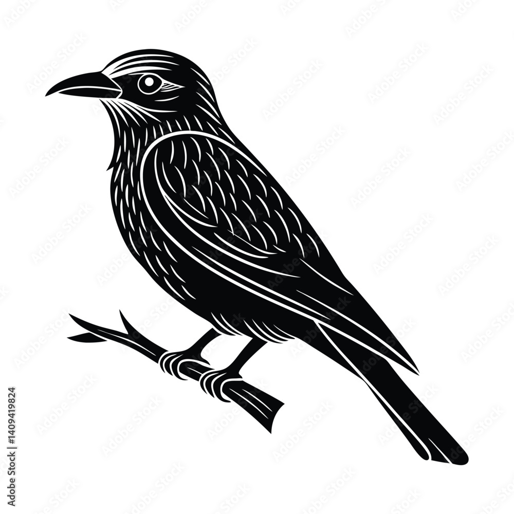 Fototapeta premium European roller silhouette bird on a branch, bird vector design on a white background