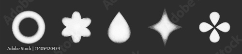 White grainy shapes set isolated on black background. Vector realistic illustration of monochrome circle, flower, drop, star figures with noise texture, spray paint y2k icons for retro banner design