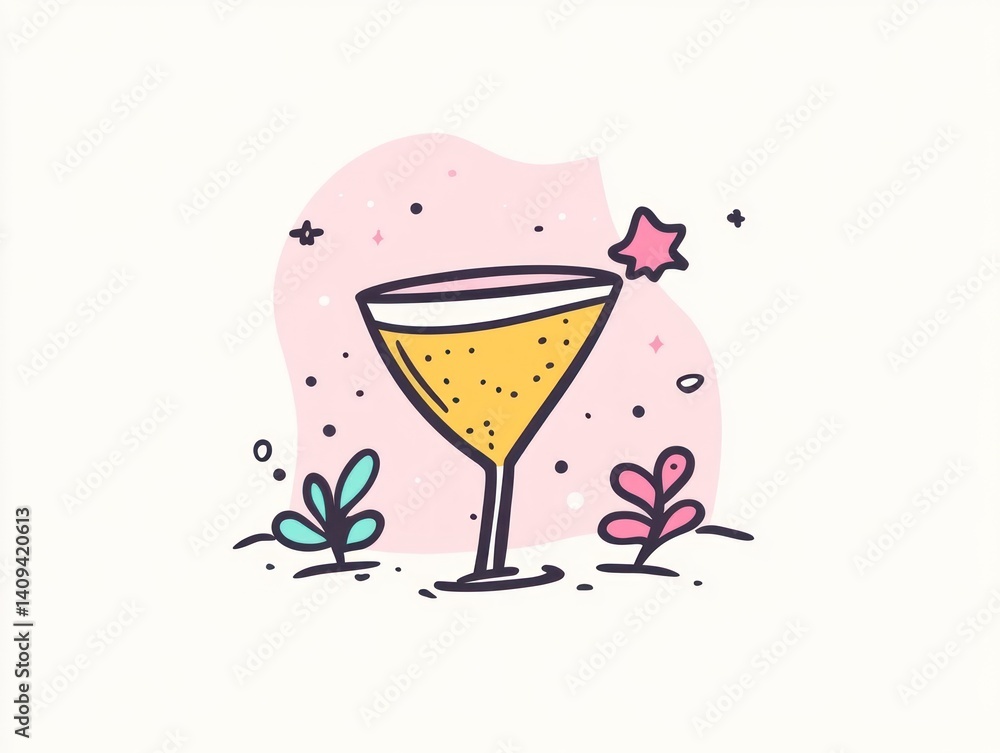 A vibrant cocktail in a stemmed glass, adorned with playful stars and plants A vibrant cocktail in a stemmed glass, adorned with playful stars and plants