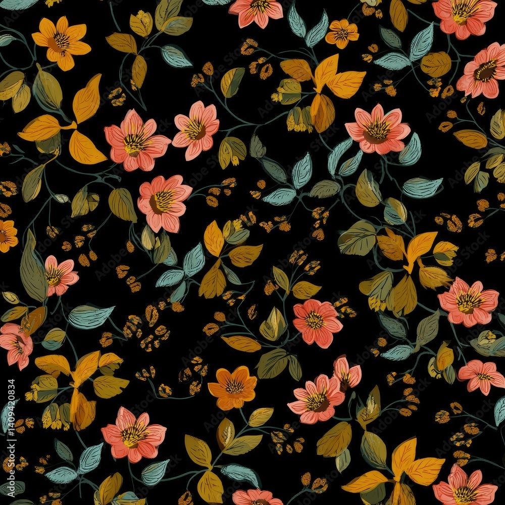 Dark Floral Pattern: Elegant Peach and Gold Blooms on Black Dark Floral Pattern: Elegant Peach and Gold Blooms on Black