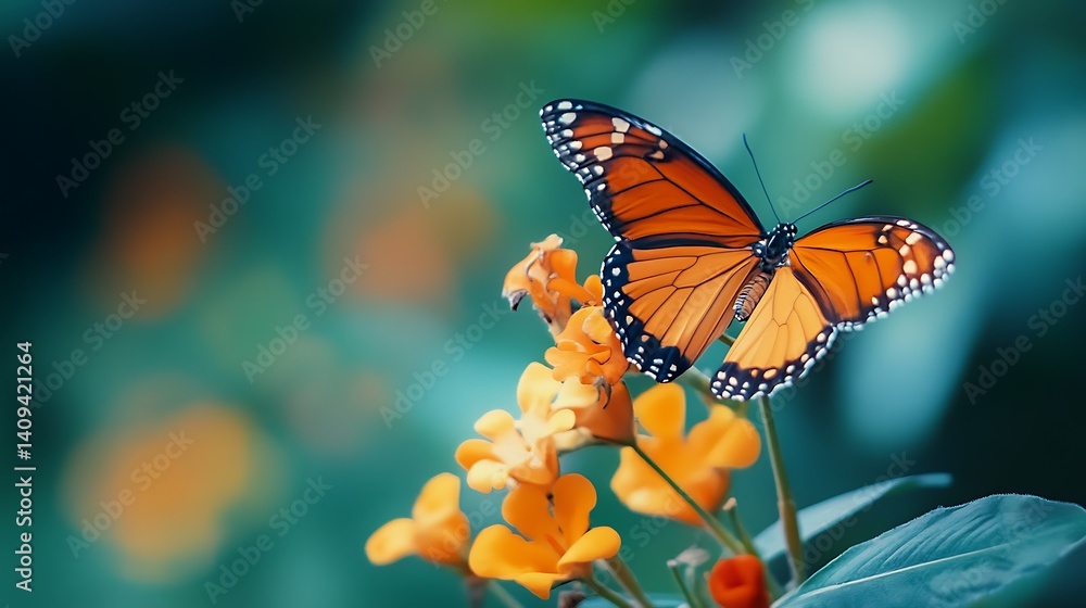 Fototapeta premium Orange Butterfly Perched On Yellow Flowers With Green Blurred Background