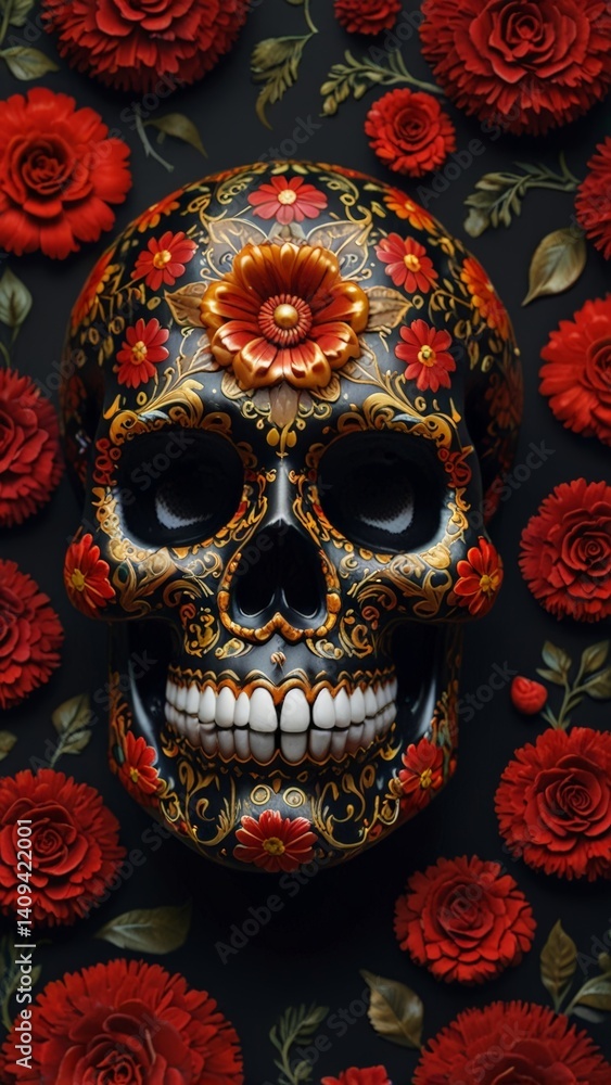 Floral sugar skull in Khokhloma style on dark background for Day of the Dead Floral sugar skull in Khokhloma style on dark background for Day of the Dead