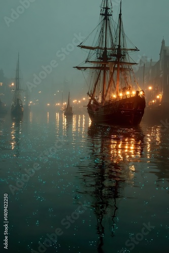 Wallpaper Mural Sailing ship in harbor at night with lights reflecting in the water. Torontodigital.ca