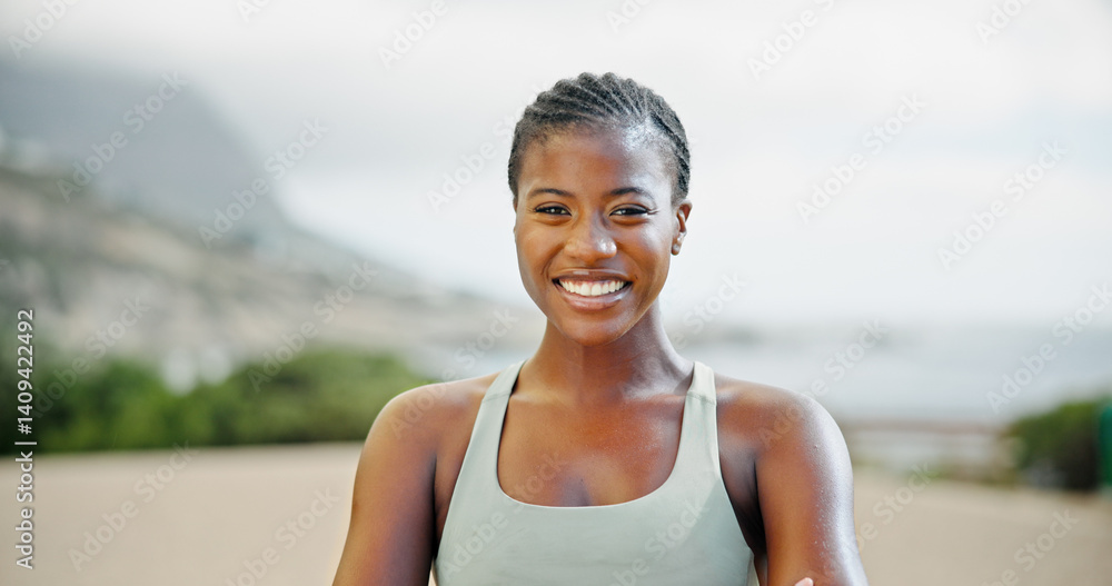 Portrait, outdoor and black woman with smile, exercise and challenge with wellness, progress and confidence. African person, face and runner in street, training for marathon and practice with pride