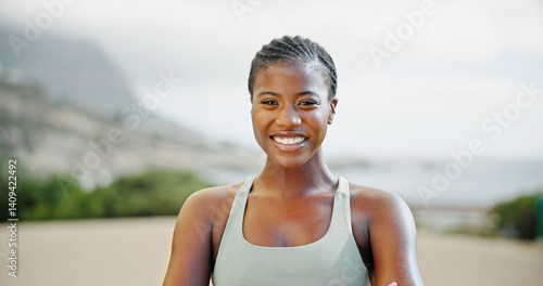 Obraz na płótnie Portrait, outdoor and black woman with smile, exercise and challenge with wellness, progress and confidence. African person, face and runner in street, training for marathon and practice with pride w salonie