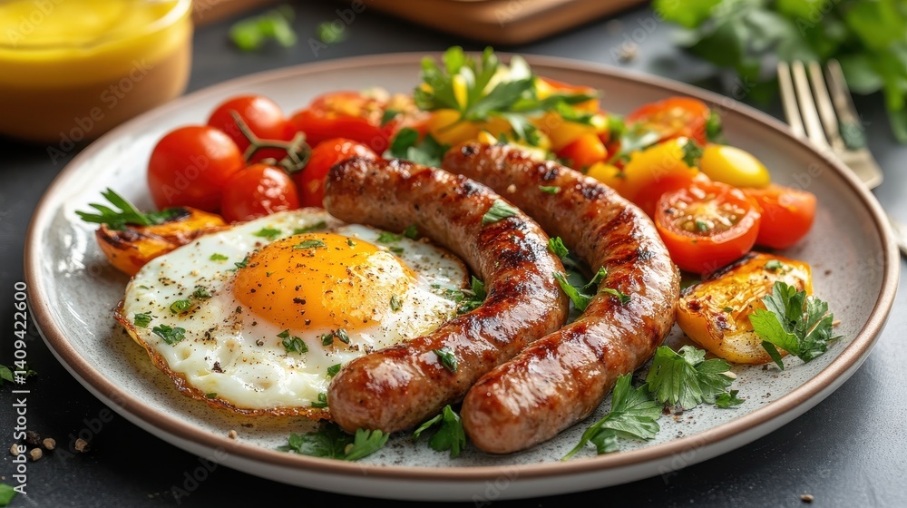 A delicious breakfast platter featuring sausages, fried egg, and fresh tomatoes on a rustic table A delicious breakfast platter featuring sausages, fried egg, and fresh tomatoes on a rustic table