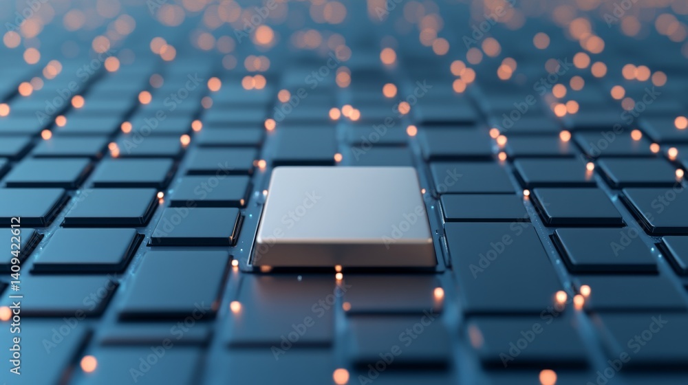 Obraz premium Sleek Metallic Enter Key, modern tech grid pattern, shimmering sparkles, abstract lines, geometric shapes in a futuristic digital environment