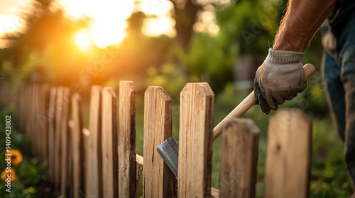 Carpenter carefully positioning wooden fence panels