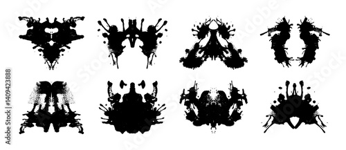 Rorschach inkblot test cards set - black symmetric abstract random shapes silhouettes, psychological assessment tool. Surreal stains for psycho diagnostic projective personality evaluation method
