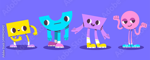 Geometric doodle character illustrations - happy figures of rectangle and semicircle, trapezoid and circle with smiling facial features, arms and legs. Colorful cartoon simple geometric shapes set.