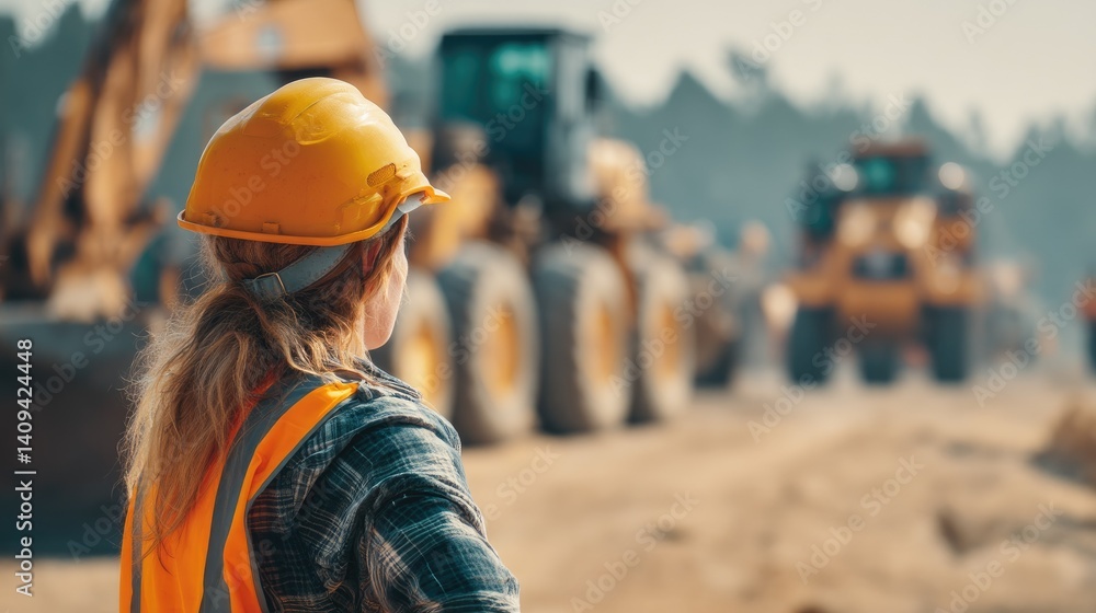 Construction Worker Contemplating Heavy Machinery: A Serene Industrial Scene Construction Worker Contemplating Heavy Machinery: A Serene Industrial Scene