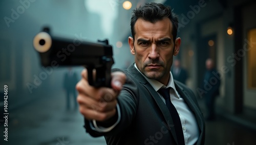 Wallpaper Mural Businessman aiming gun in the city Torontodigital.ca