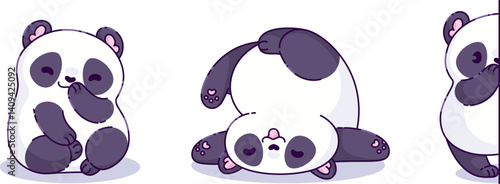 Kawaii little panda bear character in different poses - sitting and smiling with shy emotion, playful tumbling and peeking from behind wall. Cute cartoon Chinese white and black animal for kid design.