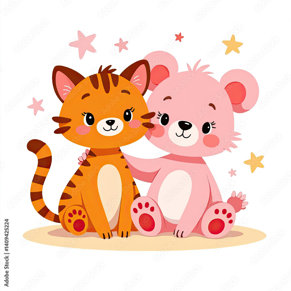 Obraz premium Adorable Cat and Bear Best Friends Cartoon Illustration