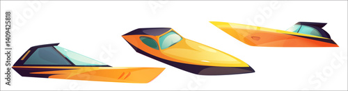 Motorboat modern vehicle set, bright colorful luxury power speedboat collection. High speed water transport, recreational marine vessels with tinted glass windows for summer traveling design.