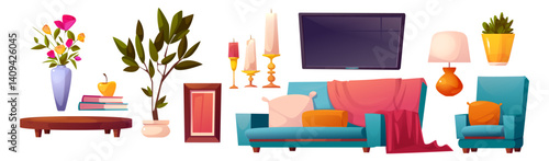 Lounge living room interior cartoon furniture and decor set. Cozy sofa and armchair, tv and lamp, coffee table, vase with bouquet and houseplants pot - apartment accessory collection for home design.