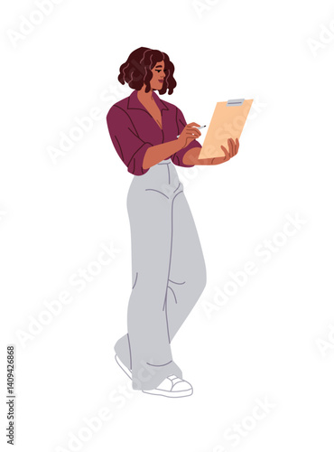 Black woman looks through business documents and signs. Businesswoman checks financial report. Busy girl holds clipboard with paper, takes notes. Flat isolated vector illustration on white background