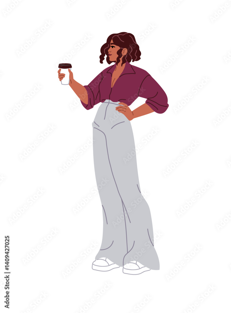 Black businesswoman stands and holds paper cup of hot coffee. Business woman with takeaway drink in hand. Busy girl carries a mug of beverage. Flat isolated vector illustration on white background Black businesswoman stands and holds paper cup of hot coffee. Business woman with takeaway drink in hand. Busy girl carries a mug of beverage. Flat isolated vector illustration on white background