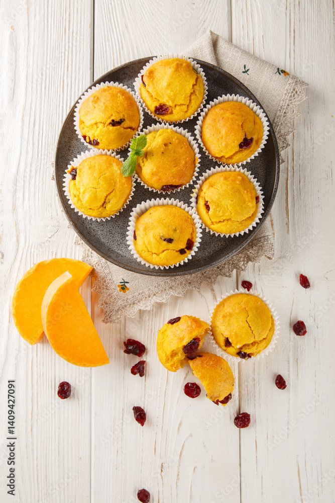 Tender muffins with pumpkin puree and cranberries close-up in a plate on the table. Vertical top view from above