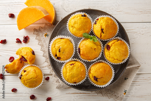 Autumn muffins with pumpkin puree, dried cranberries, orange zest and spices close-up in a plate on the table. Horizontal top view from above