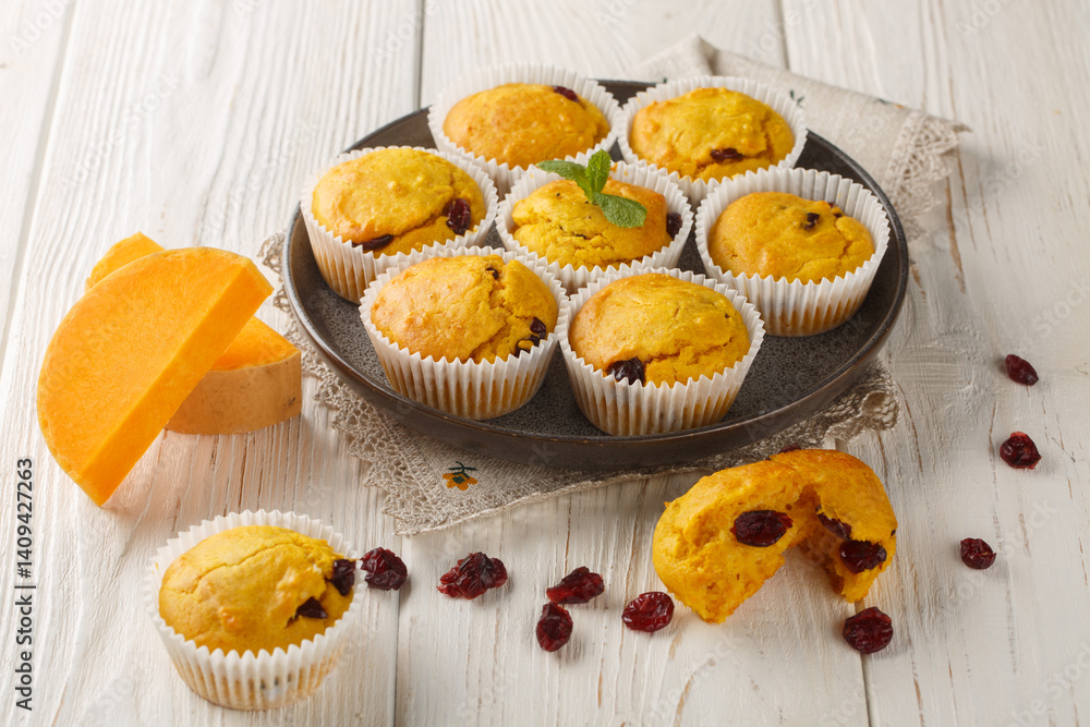 Freshly baked pumpkin muffins with dried cranberries, orange zest and spices close-up in a plate on the table. Horizontal