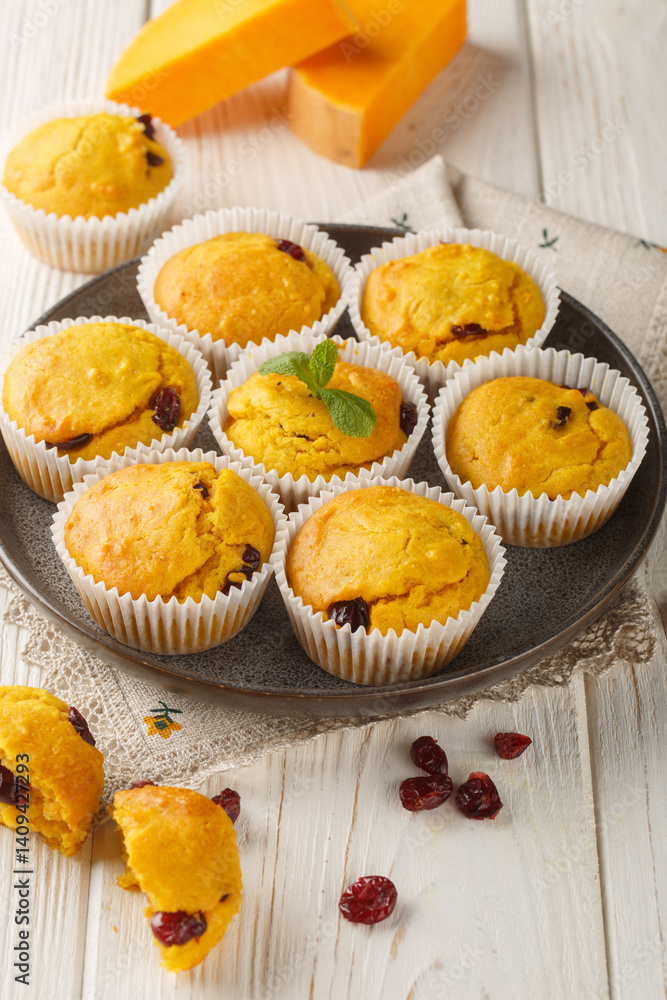 Soft and fluffy muffins flavored with pumpkin, cranberries, warm spices, and a touch of orange closeup on the plate on the wooden table. Vertical
